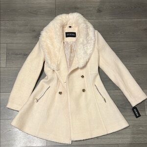 Guess Cream Teddy Jacket with Faux Fur Collar